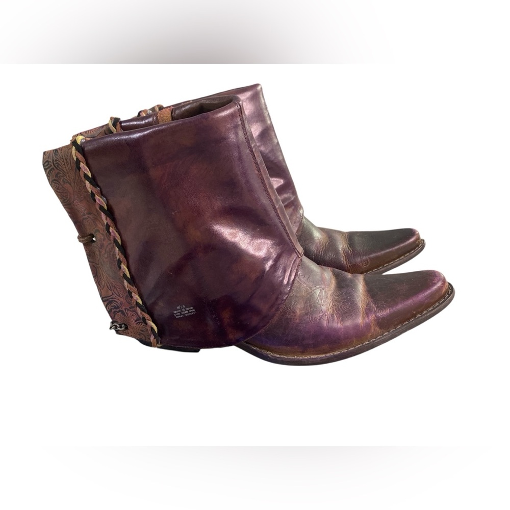 Matisse Boots Women's Purple/Brown Leather Embroidered Cuff Chain Ankle Sz 9.5